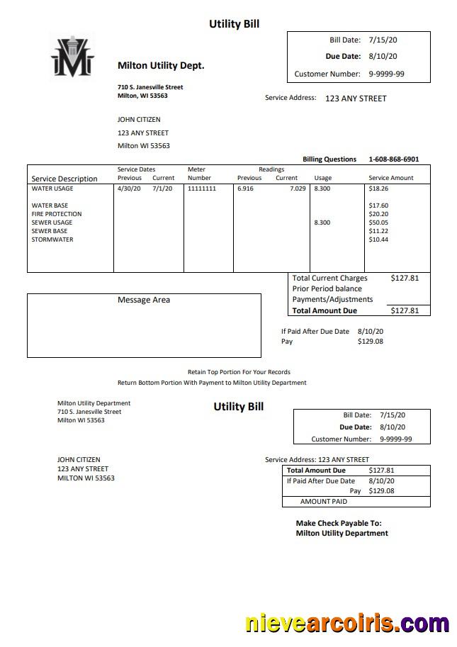 USA Massachusetts Milton Utility Dept water utility bill